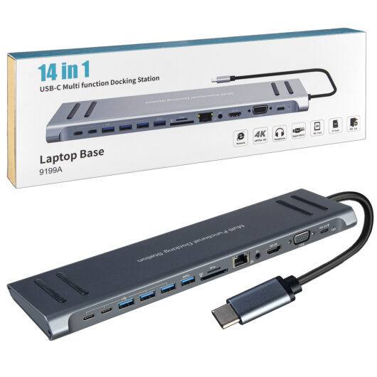 USB HUB Type-C 14 in 1 (2*Type-C+4*USB+SD+MicroSD+HDMI+RJ45+3.5mm+VGA+USB-C PD) ot-9199a